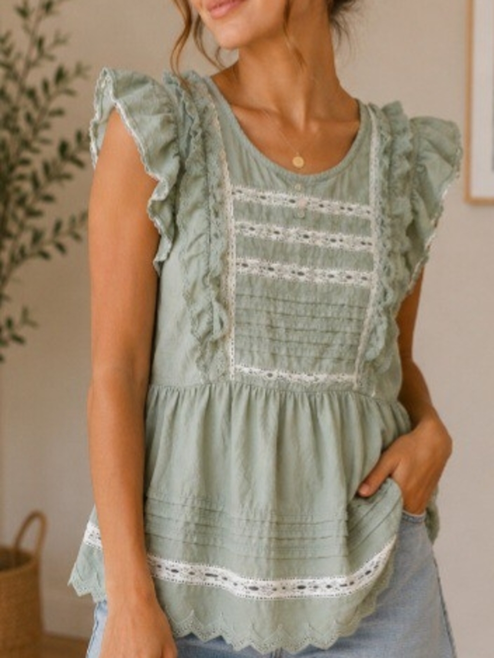 bohme Sage Green Ruffle Lace Peplum Tunic